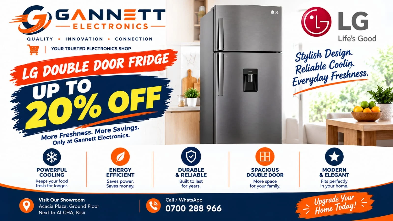 LG double door fridge, up to 20% off at Gannett Electronics
